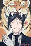  1boy black_hair black_necktie eyes_closed gloves heart kuroshitsuji male_focus necktie smile tiger white_gloves 