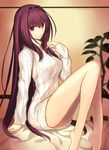  arm_support bare_legs fate/grand_order fate_(series) highres kauto long_hair looking_at_viewer purple_hair red_eyes ribbed_sweater scathach_(fate)_(all) scathach_(fate/grand_order) sitting solo sweater thighs 