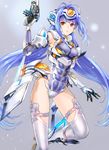  android blue_hair boots closed_mouth expressionless grey_background groin gun handgun holding holding_gun holding_weapon kos-mos light_particles long_hair ohse pistol red_eyes solo thighhighs very_long_hair weapon white_legwear xenosaga 