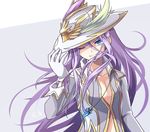  adjusting_clothes adjusting_hat blue_eyes coat collarbone dated gloves hat hat_feather hermes_(p&amp;d) highres jewelry kozakura_(dictionary) long_hair looking_at_viewer male_focus necklace one_eye_closed purple_eyes puzzle_&amp;_dragons smile solo very_long_hair white_gloves 