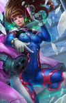  2016 bad_deviantart_id bad_id bodysuit breasts brown_hair d.va_(overwatch) dated gatling_gun gun handgun headphones highres looking_at_viewer mecha medium_breasts norman_de_mesa overwatch parted_lips pilot_suit solo weapon 