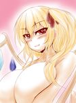  breast_squeeze breasts fang flandre_scarlet huge_breasts looking_at_viewer older parmiria side_ponytail slit_pupils smile solo topless touhou vampire 