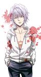  accelerator bare_chest blood blood_splatter collarbone cowboy_shot hands_in_pockets hood hoodie kenji_(kenji0926) male_focus parted_lips red_eyes solo to_aru_majutsu_no_index unzipped white_hair 