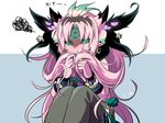  bracelet cauchemar_(p&amp;d) dated demon_boy demon_horns earrings green_eyes green_hair highres horns jewelry kozakura_(dictionary) long_hair male_focus multicolored_hair pentagram pink_hair pink_skin playing_with_own_hair pointy_ears pout puzzle_&amp;_dragons sitting solo squiggle very_long_hair 