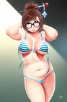  arms_behind_head arms_up bangs beads bikini black-framed_eyewear blue_bikini breasts brown_eyes brown_hair closed_mouth cloudxmoe cowboy_shot glasses gradient gradient_background hair_bun hair_ornament hair_stick halterneck highres large_breasts legs_together light_particles looking_at_viewer mei_(overwatch) navel overwatch shade signature smile snowflake_print solo stomach strap_gap string_bikini striped striped_bikini swept_bangs swimsuit thick_thighs thighs underboob untied untied_bikini 