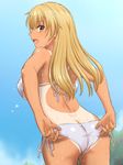  :d adjusting_clothes adjusting_swimsuit ass bikini blonde_hair blue_sky blush breasts brown_eyes butt_crack covered_nipples cowboy_shot day eyebrows eyebrows_visible_through_hair from_behind highres inanaki_shiki large_breasts long_hair looking_back one-piece_tan open_mouth original outdoors ribbon side-tie_bikini sideboob sky smile solo standing swimsuit tan tanline water water_drop wet white_bikini 