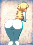  1girl ass bikesuit blonde_hair blue_eyes bodysuit breasts crown curvy from_behind hair_over_one_eye huge_ass layerth leaning leaning_over long_hair looking_at_viewer looking_back mario_kart mario_kart_8 open_mouth rosetta_(mario) skin_tight smile solo super_mario_bros. super_mario_galaxy wide_hips 