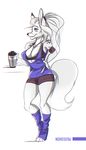  anthro big_breasts breasts canine clothed clothing female mammal sertaa simple_background smile solo standing teeth white_background 