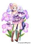  :d blonde_hair boots braid breasts brown_footwear choker cleavage flower flower_knight_girl frills full_body german_iris_(flower_knight_girl) hair_flower hair_ornament knee_boots kurot large_breasts looking_at_viewer object_namesake official_art open_mouth pink_skirt plaid plaid_skirt purple_eyes purple_shirt shirt short_hair skirt smile solo standing thighhighs white_background white_legwear zettai_ryouiki 