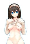  3: blue_eyes bottomless breasts censored groin hairband highres hips idolmaster idolmaster_cinderella_girls idolmaster_cinderella_girls_starlight_stage large_breasts long_hair long_sleeves looking_at_viewer naked_sweater navel no_bra out-of-frame_censoring ribbed_sweater sagisawa_fumika solo sweater tebukuro underboob undressing 