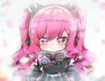  1girl ahoge animal_ears cat_ears dated drill_hair eyebrows_visible_through_hair fake_animal_ears grace_(sound_voltex) h2o_rutorinde lolita_fashion multicolored multicolored_eyes pink_eyes pink_hair signature sound_voltex twintails 