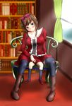  1girl artist_request blush boots breasts brown_hair cleavage kneehighs maryjanes mutant sisters sitting thighhighs twins 