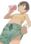  1girl camisole dark_skin drinking female midriff navel original satsuyo short_hair shorts simple_background solo white_background wristband 