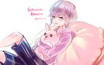  1boy bags_under_eyes bunny character_name child diabolik_lovers flower frown hug knee_up komori_yui looking_at_viewer lying male_focus manmosu pillow purple_eyes purple_hair sakamaki_kanato shorts simple_background solo stuffed_animal tongue tongue_out twitter_username white_background younger 