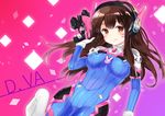  :q absurdres bangs bodysuit breasts brown_eyes brown_hair covered_navel covered_nipples cowboy_shot d.va_(overwatch) facial_mark gloves gradient gradient_background gun headphones highres licking_lips liechi long_hair looking_at_viewer medium_breasts overwatch pilot_suit purple_background skin_tight smile solo swept_bangs tongue tongue_out trigger_discipline weapon whisker_markings white_gloves 
