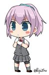  :&lt; aqua_eyes artist_name bike_shorts blush_stickers buttons chibi eyebrows_visible_through_hair gloves hair_ornament highres kantai_collection neck_ribbon pepatiku pink_hair pleated_skirt red_neckwear red_ribbon ribbon school_uniform shiranui_(kantai_collection) shirt short_hair short_ponytail short_sleeves shorts shorts_under_skirt simple_background skirt solo vest white_background white_gloves white_shirt 