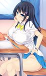  arm_support bare_legs black_hair black_legwear blue_eyes blue_skirt blush bow breast_rest breasts buttons chair chin_rest desk ear_piercing earrings eraser fujimiya_yahiro hair_ornament hairclip head_rest jewelry kneehighs large_breasts legs lifted_by_self long_hair looking_at_viewer no_panties original pencil piercing school_desk school_uniform shirt short_sleeves sitting skirt skirt_lift smile solo white_shirt window yellow_bow 