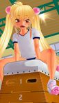  1girl 3d arm_support blonde_hair bloomers child fang female glasses-chan hair_bobbles hair_ornament kodomo_no_jikan long_hair looking_at_viewer looking_down open_mouth shiny shiny_hair sitting solo spread_legs tongue very_long_hair 