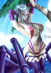  2016 arachne armpits asymmetrical_bangs bangs beach blush breasts carapace cleavage cloud covered_nipples criss-cross_halter dated detached_sleeves extra_eyes eyes_visible_through_hair gloves grey_skin halter_top halterneck hands_in_hair happy_birthday highres imaani insect_girl large_breasts monster_girl monster_musume_no_iru_nichijou multiple_legs navel outdoors palm_tree pink_gloves rachnera_arachnera red_eyes silver_hair slingshot_swimsuit solo spider_girl strap_gap swimsuit thigh_gap tree 