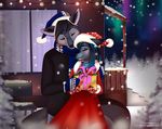  anthro canine christmas clothed clothing duo eyes_closed female hat holidays male mammal outside santa_hat sertaa smile standing wolf 