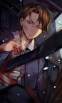  blood brown_eyes brown_hair from_above gabuccc highres impaled joker_game looking_at_viewer male_focus miyoshi_(joker_game) one_eye_closed signature solo 