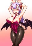  armpits bedroom_eyes big_breasts blush breasts bunny_costume cleavage clothed clothing demon erect_nipples female hair half-closed_eyes harigane_shinshi humanoid membranous_wings nipple_slip nipples not_furry open_mouth pointy_ears pose purple_eyes purple_hair raised_arm seductive skimpy solo succubus tight_clothing voluptuous wings 