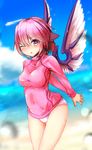  absurdres animal_ears beach bird_ears bird_wings covered_navel day highres long_sleeves mystia_lorelei nama_shirasu no_hat no_headwear one_eye_closed pink_eyes pink_hair rash_guard solo swimsuit touhou white_swimsuit wings 