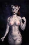  2019 5_fingers anthro areola blue_eyes breasts brown_hair digital_media_(artwork) featureless_crotch felid female hair himeragoldtail khajiit looking_at_viewer mammal midriff navel nipples simple_background solo standing the_elder_scrolls video_games 