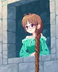  akizuki_ritsuko antenna_hair braid brick_wall brown_hair closed_mouth collarbone dress eyebrows eyebrows_visible_through_hair glasses green_dress green_ribbon hiboshi_daizu idolmaster idolmaster_(classic) indoors long_hair long_sleeves looking_afar off-shoulder_dress off_shoulder rapunzel rapunzel_(grimm) red-framed_eyewear ribbon single_braid smile solo tareme upper_body very_long_hair window 