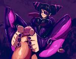  bodysuit breasts drill_hair eyepatch feet footjob han_juri huge_breasts licking_lips penis precum print_eyepatch purple_bodysuit purple_eyes riendonut smile solo_focus street_fighter street_fighter_v toeless_legwear tongue tongue_out twin_drills 