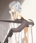  bare_shoulders black_vest blue_eyes blush breast_press breast_rest breasts chemise cleavage contrapposto cup drinking expressionless hand_on_railing highres holding holding_cup indoors kantai_collection kashima_(kantai_collection) large_breasts leaning_forward lingerie long_hair looking_afar looking_down profile railing sagging_breasts shadow sideboob sidelocks silver_hair solo stairs standing strap_gap teacup throtem tsurime twintails underwear vest wavy_hair 