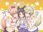  3girls :&gt; :o ? animal_ears bangs belt belt_buckle black_eyes black_hair blonde_hair blue_shorts blush bow bra_slip bra_strap breasts brown_eyes brown_hair buckle cleavage closed_mouth clothes_writing collarbone crop_top cross-laced_clothes earrings eighth_note extra_ears eyebrows eyebrows_visible_through_hair flat_chest floral_print fox_ears fox_shadow_puppet fox_tail fur girl_sandwich grin hair_between_eyes hair_bow hand_on_another's_head hand_on_another's_shoulder heart heart_print himukaze idolmaster idolmaster_cinderella_girls jewelry jougasaki_mika kemonomimi_mode long_hair long_sleeves looking_at_viewer medium_breasts midriff miniskirt multiple_girls musical_note navel necklace off-shoulder_shirt orange_eyes pendant petting pink_hair pleated_skirt ponytail print_shirt purple_shirt sandwiched shiomi_shuuko shirt short_hair short_sleeves shorts side-by-side signature skirt small_breasts smile stomach striped striped_bow t-shirt tachibana_arisu tail translation_request two-tone_background upper_body white_shirt yellow_eyes 