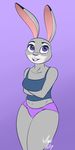  2016 almondhusky anthro clothed clothing crossed_arms disney female hi_res judy_hopps lagomorph long_ears mammal navel open_mouth open_smile purple_background rabbit simple_background solo thick_thighs zootopia 