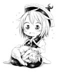  :3 blush brooch cat crescent flying_sweatdrops greyscale harusame_(unmei_no_ikasumi) hat jewelry long_sleeves lunasa_prismriver monochrome short_hair sitting smile socks solo sweatdrop touhou wavy_mouth 
