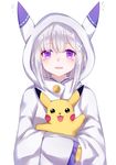  1girl :3 :d absurdres animal_hood arm_up bangs black_eyes blush buttons carrying crossover elf emilia_(re:zero) eyebrows eyebrows_visible_through_hair gen_1_pokemon hair_ornament hairclip highres hood hug hug_from_behind long_hair long_sleeves looking_at_viewer open_mouth outstretched_arm pikachu pointy_ears pokemon pokemon_(creature) pokemon_(game) purple_eyes re:zero_kara_hajimeru_isekai_seikatsu silver_hair simple_background sll smile trait_connection upper_body white_background white_hair wide_sleeves 