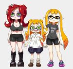  bike_shorts boots domino_mask green_eyes hybrid if_they_mated inkling long_hair mask mother_and_daughter multiple_girls octarian octoling open_mouth pointy_ears red_hair shoes sneakers splatoon_(series) splatoon_1 tank_top tentacle_hair wife_and_wife yuri yuta_agc 