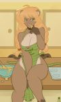  anthro apron avencri beaver big_breasts blonde_hair bowl breasts brown_fur buckteeth cleavage clothed clothing digital_media_(artwork) female fio_(avencri) fur green_eyes hair long_hair mammal medium_breasts naked_apron rodent simple_background sitting solo teasing teeth tongue tongue_out 