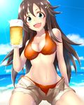  alcohol arm_at_side beach beer beer_mug bikini bikini_top blush breasts brown_hair brown_shorts cowboy_shot cup eyebrows eyebrows_visible_through_hair green_eyes hair_between_eyes hair_ornament hairclip halter_top halterneck himekawa_yuki holding holding_cup idolmaster idolmaster_cinderella_girls long_hair medium_breasts navel open_mouth orange_bikini short_shorts shorts side-tie_bikini smile solo sweat swimsuit teeth teirettei unbuttoned 