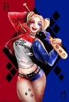  1girl baseball_bat batman_(series) blonde_hair blue_eyes blue_hair breasts dc_comics harley_quinn jacket lipstick long_hair makeup multicolored_hair purin suicide_squad twintails weapon 