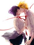  1girl blonde_hair boku_no_hero_academia closed_eyes couple hetero jirou_kyouka kaminari_denki kiss necktie necktie_grab neckwear_grab niro purple_hair school_uniform short_hair u.a._school_uniform yellow_eyes 