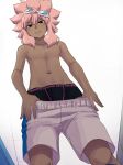  1boy briefs dark_skin dark_skinned_male from_below goggles goggles_on_head highres inazuma_eleven inazuma_eleven_(series) long_hair looking_at_viewer looking_down male_focus navel no_nipples pink_hair shiroabe shirtless shorts smile tsunami_jousuke underwear undressing 