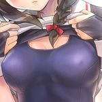  ahoge bad_revision black_hair black_serafuku blue_swimsuit braid breasts brown_hair close-up covered_nipples downscaled_revision fingerless_gloves gloves hair_flaps hair_over_shoulder highres kantai_collection kotatsu_(kotatsu358) lifted_by_self md5_mismatch medium_breasts old_school_swimsuit one-piece_swimsuit remodel_(kantai_collection) school_swimsuit school_uniform serafuku shigure_(kantai_collection) shirt_lift single_braid skindentation solo swimsuit swimsuit_under_clothes 