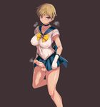  1girl bishoujo_senshi_sailor_moon black_background blonde_hair blue_eyes blush bow breasts brown_hair choker circlet collar foreskin full-package_futanari futanari gloves heavy_breathing highres large_breasts legs light_smile newhalf nipples penis phimosis pointless_censoring precum sailor_uranus see-through short_hair skirt skirt_lift sweat ten&#039;ou_haruka testicles ubanis uncensored white_gloves yellow_bow 