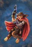  clothed clothing dual_wielding feline gun handgun holding_object holding_weapon invalid_tag lion loque mammal mccree_(overwatch) orange_eyes overwatch ranged_weapon revolver solo video_games weapon 
