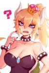  1girl ? armlet bare_shoulders black_collar black_dress black_nails blonde_hair blue_earrings blue_eyes bowsette bracelet breasts cleavage collar collarbone commentary crown dress earrings english_commentary hair_between_eyes highres horns jewelry large_breasts liyart looking_at_viewer mario_(series) nail_polish new_super_mario_bros._u_deluxe nintendo open_mouth pointy_ears sharp_teeth spiked_armlet spiked_bracelet spiked_collar spiked_shell spikes strapless strapless_dress super_crown teeth turtle_shell 