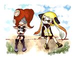  armor belt bike_shorts boots cloud crossed_arms day domino_mask fingerless_gloves gloves goggles headphones inkling long_hair mask mizumori_namo multiple_girls octarian octoling red_hair sky splatoon_(series) splatoon_1 squidbeak_splatoon takozonesu tentacle_hair 