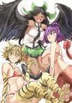  ^_^ animal_ears animal_print bare_shoulders bikini blonde_hair bow breasts claws closed_eyes dark_skin feathered_wings feathers flat_chest hair_bow hair_bun hair_intakes harpy kemonomimi_mode lamia large_breasts long_hair looking_at_viewer micro_bikini micro_bra microskirt monster_girl multicolored_hair multiple_girls open_mouth purple_hair red_bikini red_eyes reiuji_utsuho ribbon ribs short_hair skirt sleeveless slit_pupils smile streaked_hair swimsuit tail tail_bow tail_ribbon tan tiger_ears tiger_print toramaru_shou touhou wings yasaka_kanako yellow_eyes yohane 