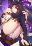  1girl anklet armlet ass asymmetrical_legwear asymmetrical_sleeves bangs bare_shoulders barefoot black_hair black_ribbon blush breasts bridal_gauntlets commentary_request crown detached_collar earrings elbow_gloves eyebrows_visible_through_hair fate/grand_order fate_(series) full_body gloves hair_between_eyes hair_ornament hair_ribbon highres hoop_earrings ishtar_(fate/grand_order) jewelry langya_beike looking_at_viewer medium_breasts neck_ring open_mouth parted_bangs red_eyes ribbon short_hair single_elbow_glove single_thighhigh solo thighhighs tiara toeless_legwear two_side_up 