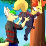  2016 animal_tail anthro anus bedroom_eyes bent_over blue_eyes bound braixen breasts brown_nose butt canine clitoris clothed clothing detailed_background digital_media_(artwork) duo eyebrows eyelashes eyewear female fennec fox fur glasses green_hair hair half-closed_eyes inner_ear_fluff log lonbluewolf looking_back male male/female mammal multicolored_fur nintendo nipples nude open_mouth orange_eyes outside pants plant pok&eacute;mon presenting presenting_anus presenting_hindquarters presenting_pussy pussy raised_tail rope seductive shirt sky spread_pussy spreading teeth tongue tree video_games white_sclera wood 