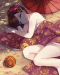  ball bare_legs bare_shoulders brown_hair eyelashes eyeshadow flower green_eyes hair_bun hair_flower hair_ornament ina_(inadiary) japanese_clothes kimono looking_at_viewer lying makeup mole mole_under_eye on_side open_clothes open_kimono oriental_umbrella original petals short_hair smile solo temari_ball tree_shade umbrella 